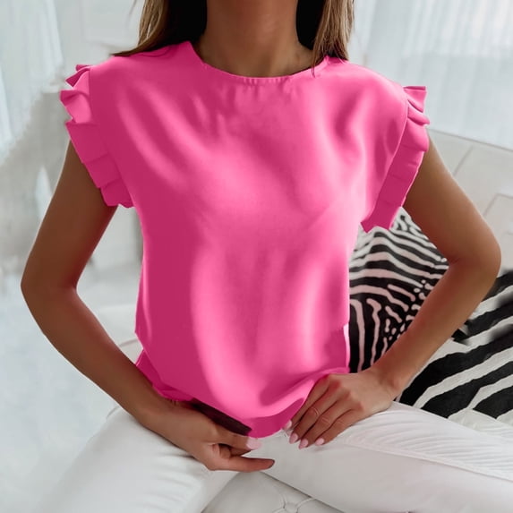 SYMOID Womens Tank Tops T-Shirts- Short Sleeve Drop Shoulder Blouse Bracelet Scoop Neck Printed Casual Tee Tops ,for Spring, Summer and Fall Hot Pink XL