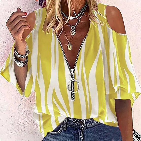 symoid Womens Tank Tops T-Shirts- Blouse V-Neck Printed Flutter Cold Shoulder Short Sleeve Casual Tee Tops ,for Spring, Summer and Fall Yellow XL