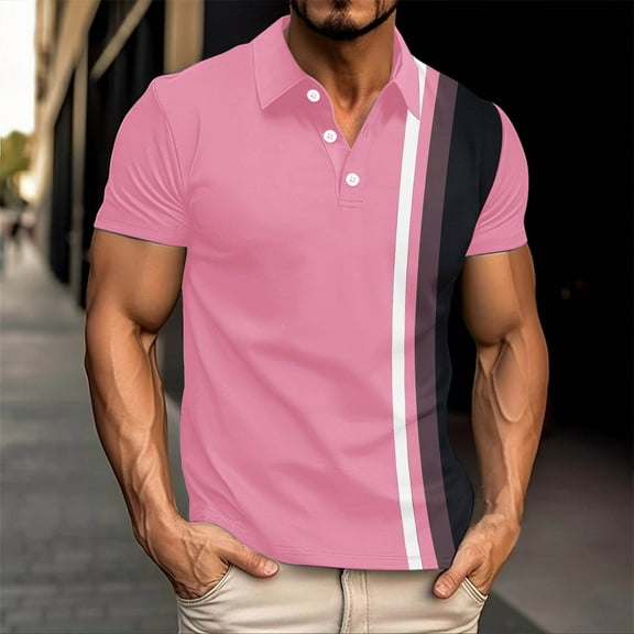 Fnnxeal Mens Polo Shirt, Big and Tall Button Colleaed Casual Short Sleeve Pink Polo Shirts for Men Size 4XL