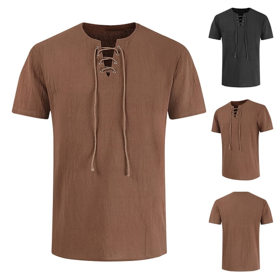 symoid Workout T-shirts for Men Big and Tall- V-Neck Value Big and Tall Cotton Linen Casual Brown Men's Tee Shirts Size S