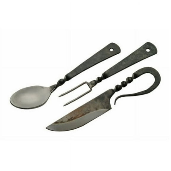 SZCO Supplies 7.25" Hand-Forged Medieval Cutlery Set  Carbon Steel Fork, Knife & Spoon with Leather Pouch for Camping, Costumes, and Historical Display