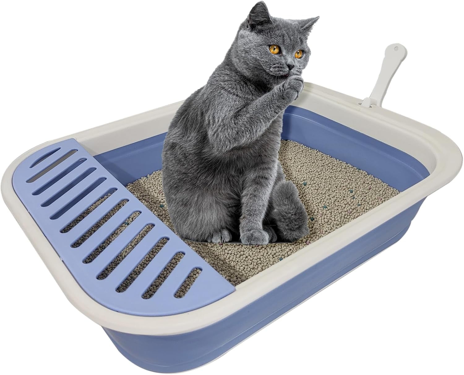 Collapsible Low Entry Litter Box For Senior & Disabled Cats - Foldable Travel Cat Pan With Scoop (Grey)