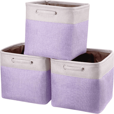 Hltser 13x13x13 Storage Cube Bins Fabric Foldable Storage Baskets Cube Inserts Storage Boxes with Handle Beige Patchwork Pack of 3