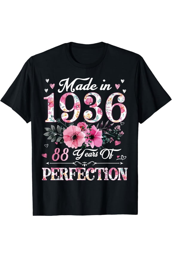 t-shirt 88 Year Old Made In 1936 Floral 88th Birthday Gift For Women T-Shirt.