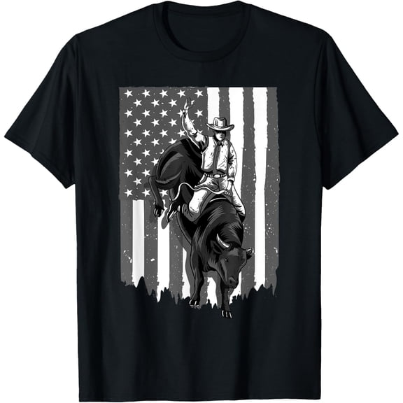 t-shirt American Flag Bull Riding Cowboy 4th Of July Patriotic Rodeo T-Shirt.
