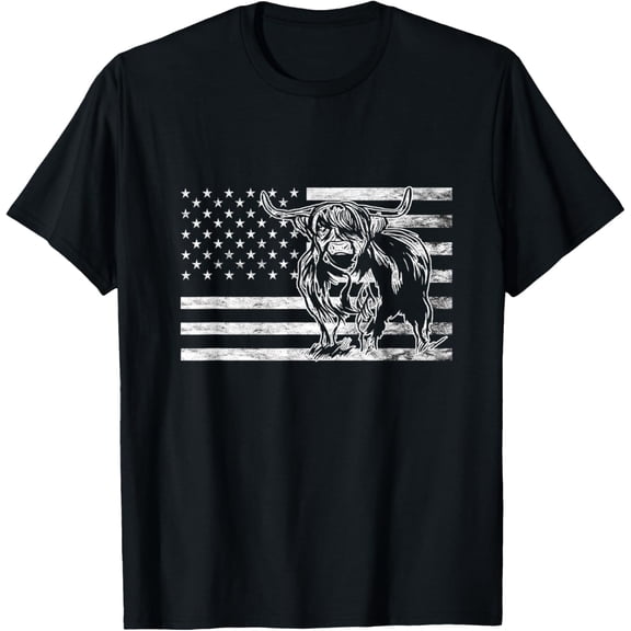t-shirt American Flag Scottish Highland Cow USA Cattle Farmer T-Shirt mens，black，women，funny，men，journey，Crew Neck, Short Sleeve,printing