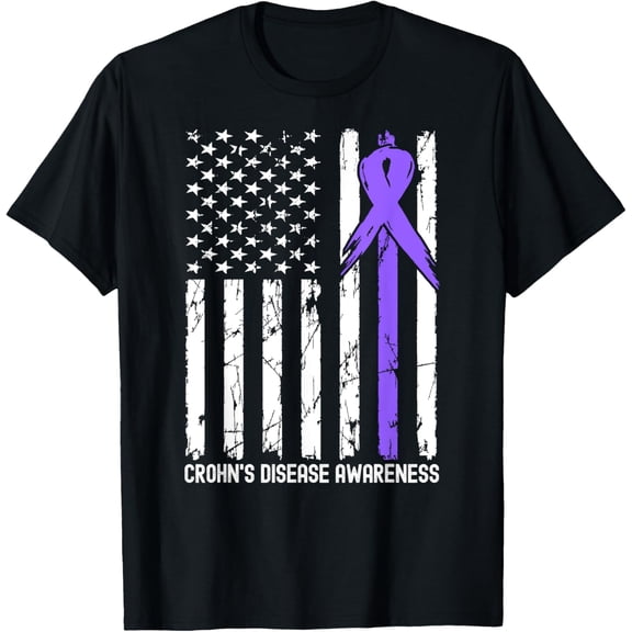 t-shirt American USA Flag Crohn's Disease Awareness Month Ribbon T-Shirt.