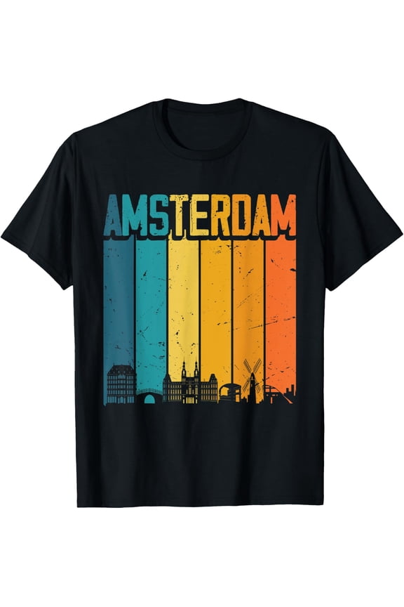 t-shirt Amsterdam Netherlands Retro Vintage Sunset Skyline Dutch T-Shirt mens,black,women,funny,men,journey,Crew Neck, Short Sleeve,printing
