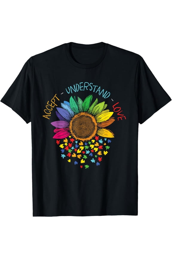 t-shirt Autism Awareness Accept Understand Love ASD Rainbow Flower T-Shirt mens,black,women,funny,journey,Crew Neck, Short Sleeve,custom clothing patterns.gift