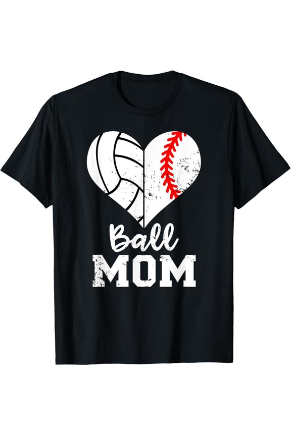 t-shirt Ball Mom Heart Funny Baseball Volleyball Mom T-Shirt mens,black,women,funny,journey,Crew Neck, Short Sleeve,printing