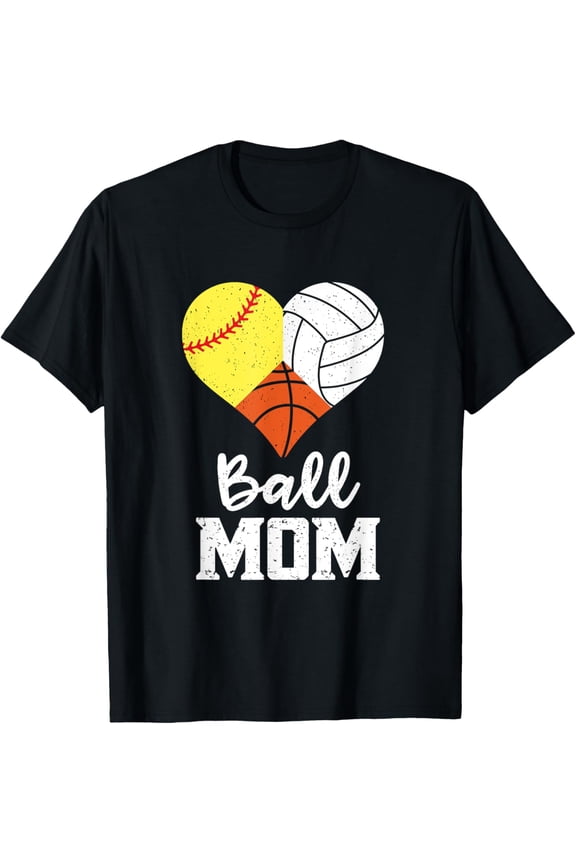 t-shirt Ball Mom Heart Funny Volleyball Basketball Softball Mom T-Shirt mens,black,women,funny,journey,Crew Neck, Short Sleeve,printing