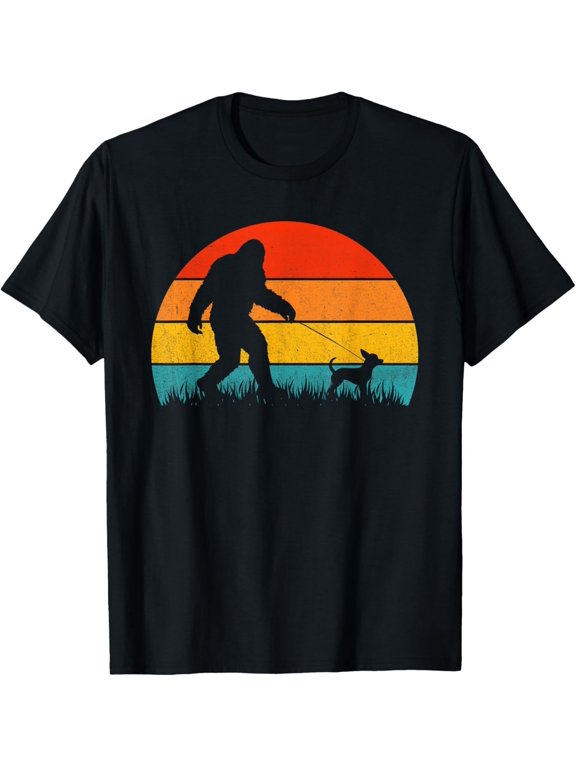 t-shirt Bigfoot Walking Retro Sunset Off Sasquatch & Chihuahua Dog T-Shirt.