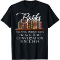 thumbnail image 1 of t-shirt Books helping introverts avoid conversation T-Shirt mens，black，women，funny，journey，Crew Neck, Short Sleeve,custom clothing patterns.gift, 1 of 4
