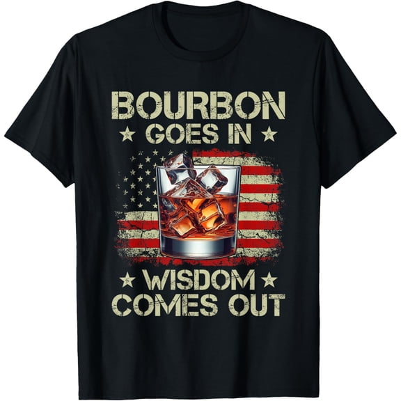 t-shirt Bourbon Goes In Wisdom Comes Out Whiskey USA Flag Vintage T-ShirtMen and women can wear, black T-shirts, gifts. S-5XL