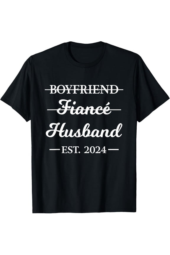 t-shirt Boyfriend Fiance Husband Married 2024 Engagement T-Shirt mens,black,women,funny,journey,Crew Neck, Short Sleeve,custom clothing patterns.gift