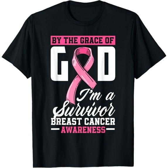t-shirt By The Grace God I'm A Survivor Breast Cancer Survivor T-Shirt mens,black,women,funny,men,journey,Crew Neck, Short Sleeve,printing