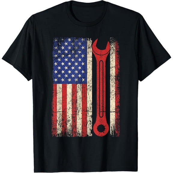 Car Mechanic Wrench Workshop Tools US American Flag Men Tee T-Shirt