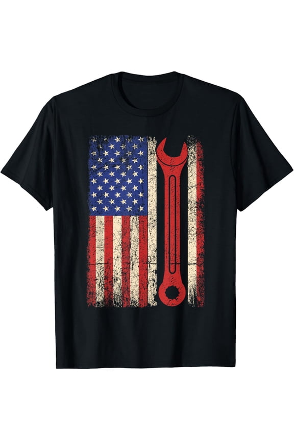 Car Mechanic Wrench Workshop Tools US American Flag Men Tee T-Shirt
