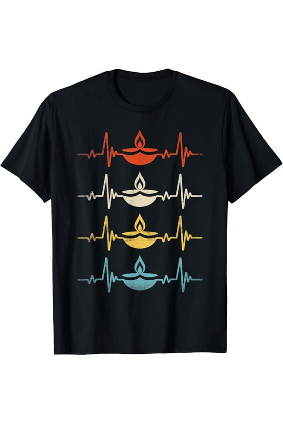 t-shirt Diwali Light Festival Deepavali Diya Lamp Heartbeat T-Shirt mens,black,women,funny,journey,Crew Neck, Short Sleeve,custom clothing patterns.gift