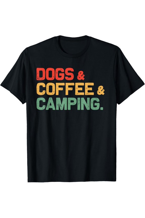 t-shirt Dogs Coffee Camping Happy Camper Adventure Camping with Dogs T-Shirt mens,black,women,funny,journey,Crew Neck, Short Sleeve,custom clothing patterns.gift