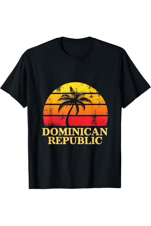 t-shirt Dominican Republic Sunset Palm Retro Vintage Cool T-ShirtMen and women can wear, black T-shirts, gifts. Age: M,L，XL 2XL, 3XL, 4XL