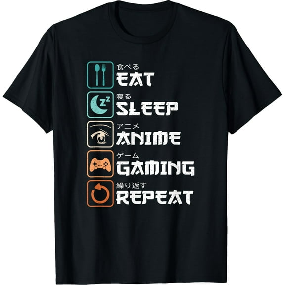 t-shirt Eat Sleep Anime Gaming Repeat Funny Otaku Gamer T-Shirt mens，black，women，funny，journey，Crew Neck, Short Sleeve,custom clothing patterns.