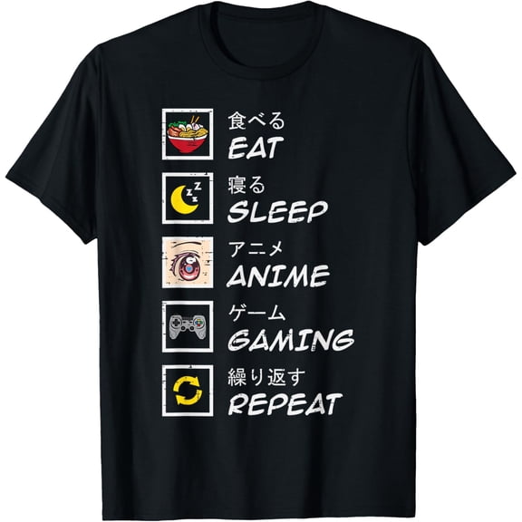 t-shirt Eat Sleep Anime Gaming Repeat Gamer Teen Boys Girls Kids T-Shirt mens，black，women，funny，journey，Crew Neck, Short Sleeve,custom clothing patterns.