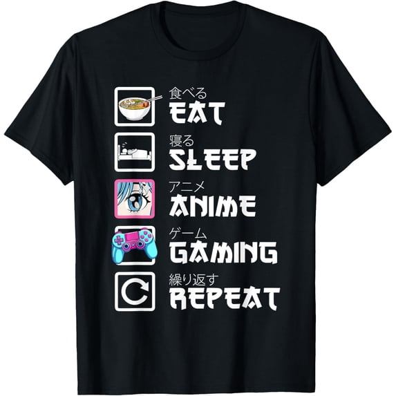 t-shirt Eat Sleep Anime Gaming Repeat Japan Kawaii Otaku Anime Manga T-Shirt mens,black,women,funny,journey,Crew Neck, Short Sleeve,custom clothing patterns.