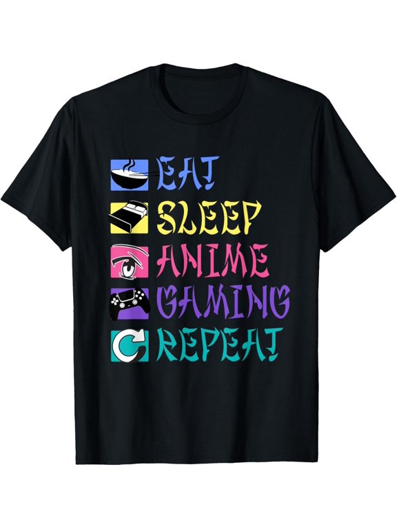 t-shirt Eat Sleep Anime Gaming Repeat Kawaii Otaku Anime Manga Color T-Shirt mens,black,women,funny,journey,Crew Neck, Short Sleeve,custom clothing patterns.
