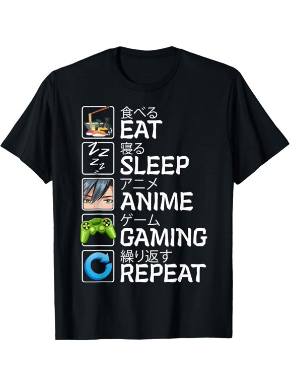 t-shirt Eat Sleep Anime Gaming Repeat Kawaii Otaku Anime Manga T-Shirt mens,black,women,funny,journey,Crew Neck, Short Sleeve,custom clothing patterns.