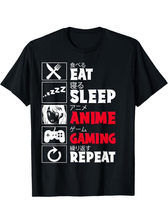 t-shirt Eat Sleep Anime Gaming Repeat Kawaii Otaku Anime Manga T-Shirt mens,black,women,funny,journey,Crew Neck, Short Sleeve,custom clothing patterns.