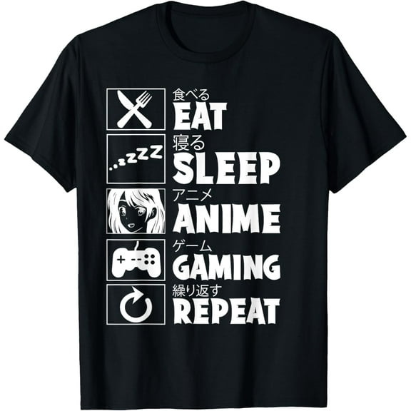 t-shirt Eat Sleep Anime Gaming Repeat Kawaii Otaku Anime Manga T-Shirt mens，black，women，funny，journey，Crew Neck, Short Sleeve,custom clothing patterns.
