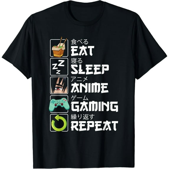 Eat Sleep Anime Gaming Repeat Kawaii Otaku Anime Manga T-ShirtMen and women, White Black T-shirt, size: Extra large S-4XL