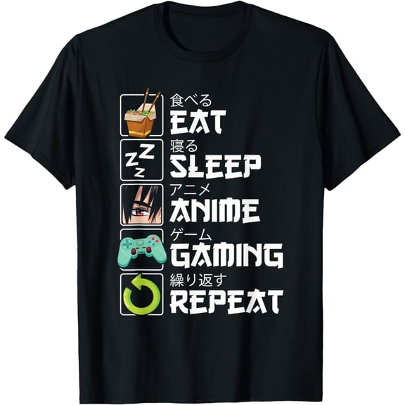 t-shirt Eat Sleep Anime Gaming Repeat Kawaii Otaku Anime Manga T-Shirt mens，black，women，funny，men，journey，Crew Neck, Short Sleeve,printing