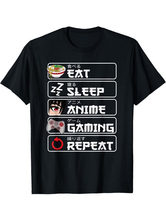 t-shirt Eat Sleep Anime Gaming Repeat Otaku Anime Manga T-Shirt mens,black,women,funny,journey,Crew Neck, Short Sleeve,custom clothing patterns.