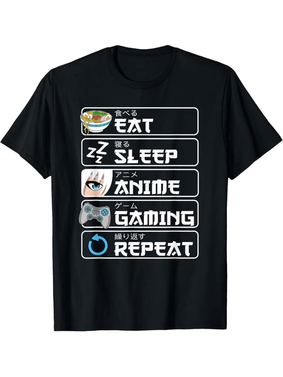 t-shirt Eat Sleep Anime Gaming Repeat Otaku Anime Manga T-Shirt mens,black,women,funny,journey,Crew Neck, Short Sleeve,custom clothing patterns.