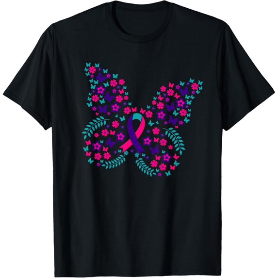 t-shirt Flower Butterfly Thyroid Cancer Awareness Ribbon Gifts T-Shirt mens,black,women,funny,journey,Crew Neck, Short Sleeve,printing