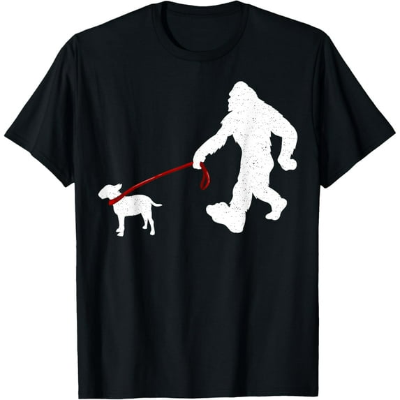 t-shirt Funny Bigfoot Walking with Bull Terrier Dog T-Shirt.