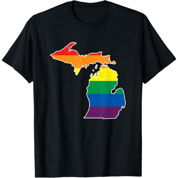 t-shirt Gay Pride Flag - Michigan State Map - Rainbow Stripes T-Shirt mens，black，women，funny，journey，Crew Neck, Short Sleeve,printing