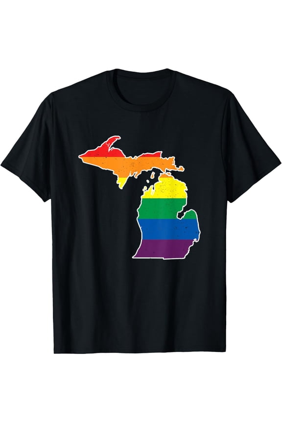 t-shirt Gay Pride Flag - Michigan State Map - Rainbow Stripes T-Shirt mens,black,women,funny,journey,Crew Neck, Short Sleeve,printing