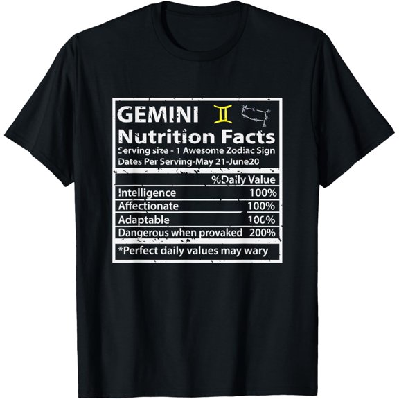t-shirt Gemini Nutrition Facts Zodiac Sign T-Shirt mens,black,women,funny,journey,Crew Neck, Short Sleeve,custom clothing patterns.gift
