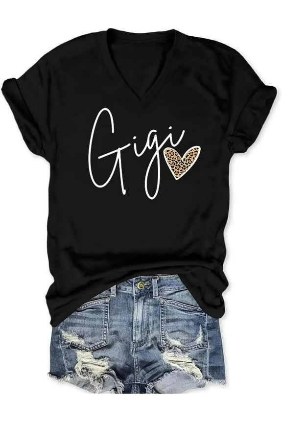 t-shirt Gigi Shirt for Women Grandma V Neck T Shirts Cute Heart Leopard Print Graphic Tees Summer Short Sleeve Tops Mimi Gifts mens t shirt,black,women,funny,misfits,men,journey