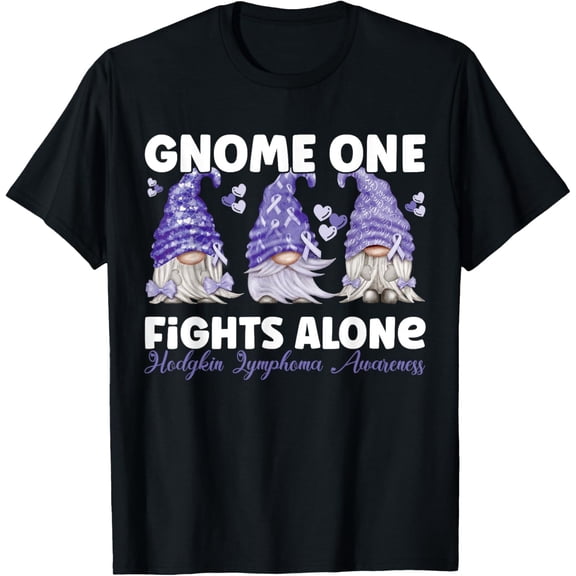 t-shirt Gnome One Fights Alone Violet| Hodgkin Lymphoma Awareness T-Shirt mens，black，women，funny，journey，Crew Neck, Short Sleeve,printing