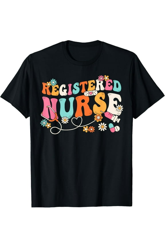 t-shirt Groovy RN Registered Nurse Week Nursing Stethoscope Cute T-Shirt mens，black，women，funny，journey，Crew Neck, Short Sleeve,custom clothing patterns.gift