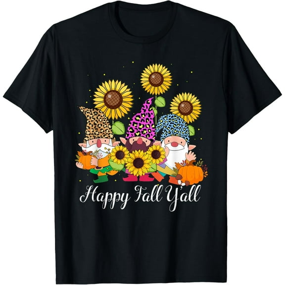 t-shirt Happy Fall Y'all Gnome Leopard Pumpkin Funny Autumn Kids T-Shirt.
