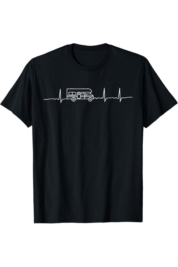 t-shirt Heartbeat Camping Caravan EKG Frequency Camper Nature T-Shirt mens,black,women,funny,journey,Crew Neck, Short Sleeve,custom clothing patterns.gift