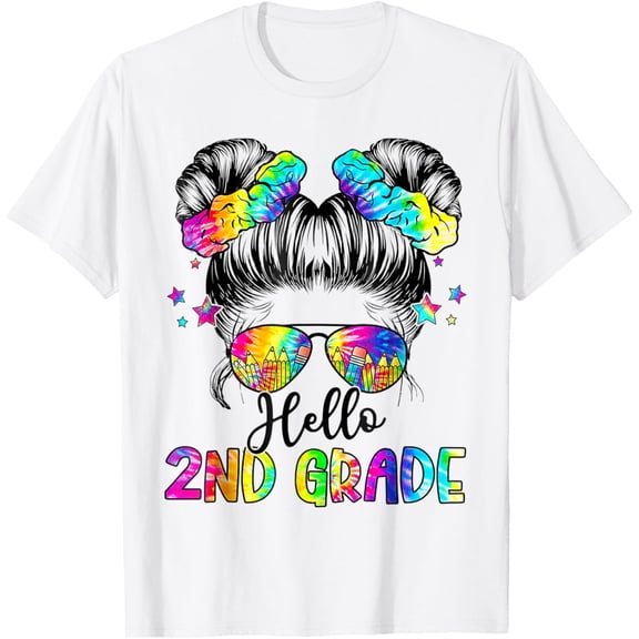 t-shirt Hello 2nd Grade Messy Hair Bun Girl Back To School First Day T-Shirt mens, woman, white，funny，journey，Crew Neck, Short Sleeve,printing