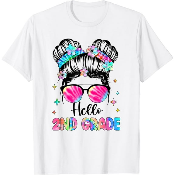 t-shirt Hello 2nd Grade Messy Hair Bun Girl Back To School First Day T-Shirt mens t shirt，white，women，funny，misfits，men，journey