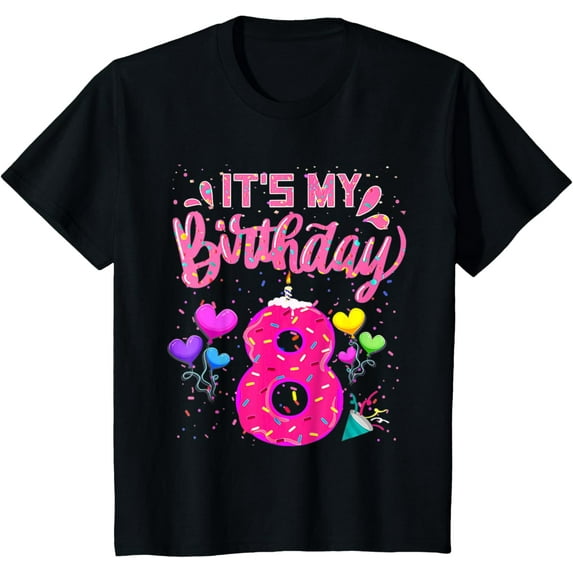 t-shirt It's My 8th Birthday Doughnut Happy 8 Years Old Girl Kids T-Shirt mens,black,women,funny,journey,Crew Neck, Short Sleeve,printing
