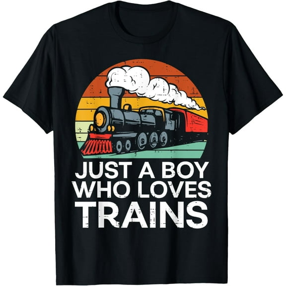 Just A Boy Who Loves Trains Retro Locomotive Men Kids Youth T-Shirt